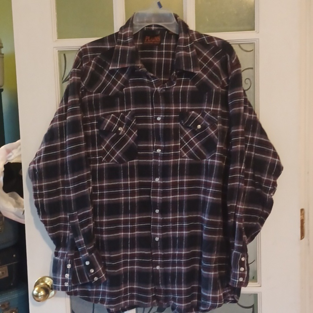 Plains Western wear flannel shirt pearl snaps mens size 2xlarge good